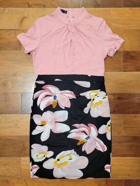 Homeyee Pink Black Floral Midi Tie Neck Short Sleeve Pencil Dress B430 Womens 12